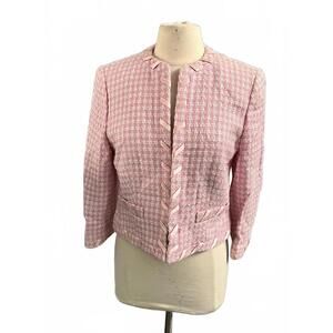 Escada Coat Womens Size 40 Large Pink Tweed Cropped Jacket Gingham Ribbon Trim